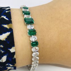 NEW Arrival .925 sterling silver (ROHDIUM PLATED , Non tarnish) simulated EMERALD and Cubic Zirconia Bracelet for standard 7 inches wrist.
