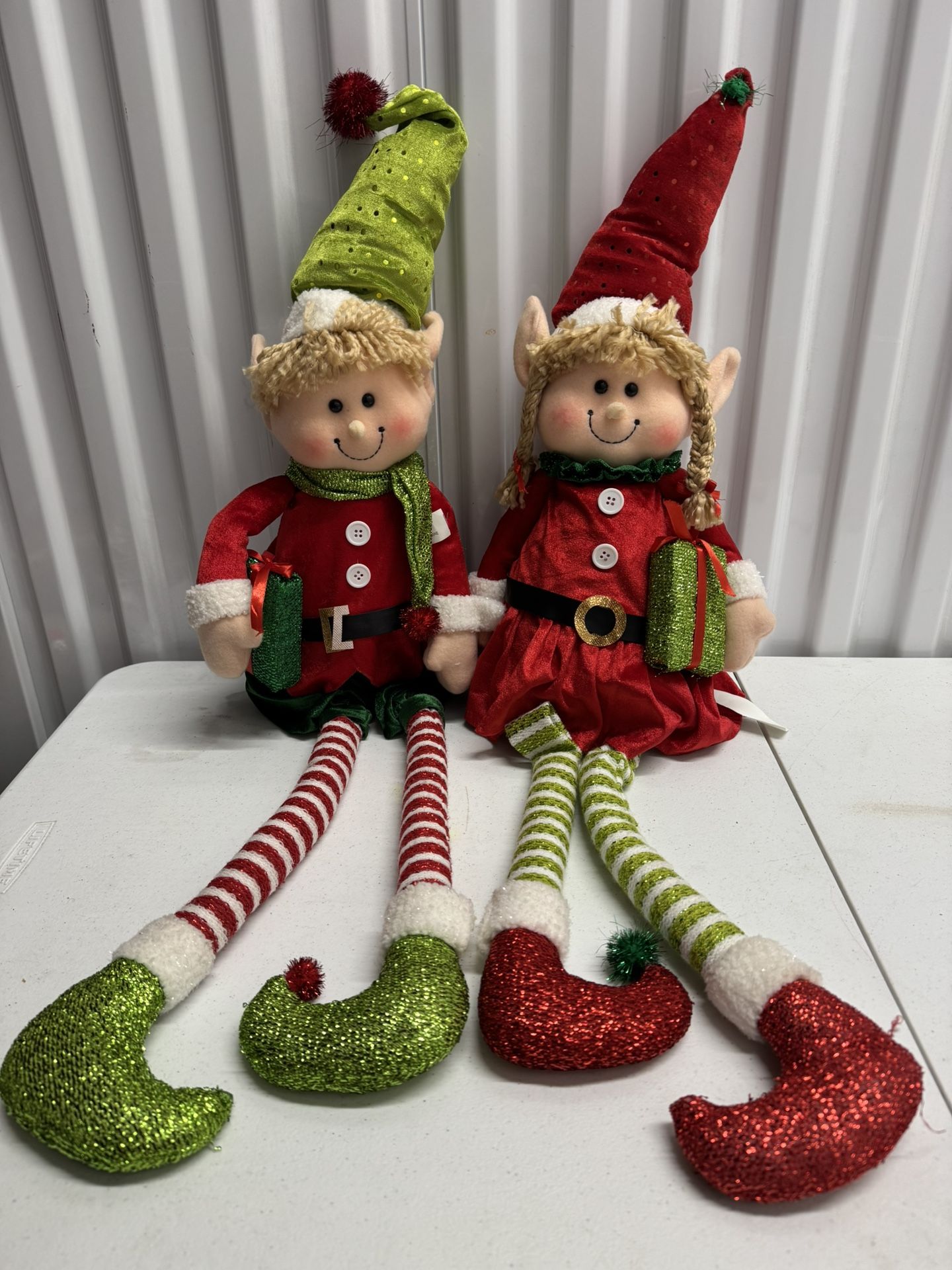 Elf Shelf Sitters Plush Boy and Girl Christmas Dolls Elves Glitter Sequins Large