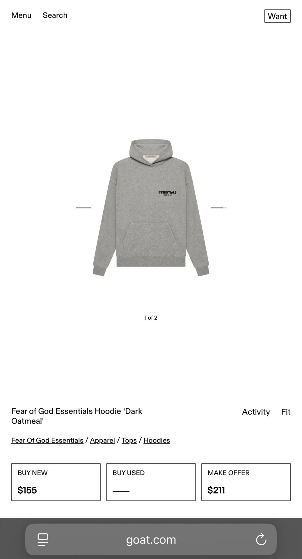 Essentials Fear Of God Hoodie - Size Large