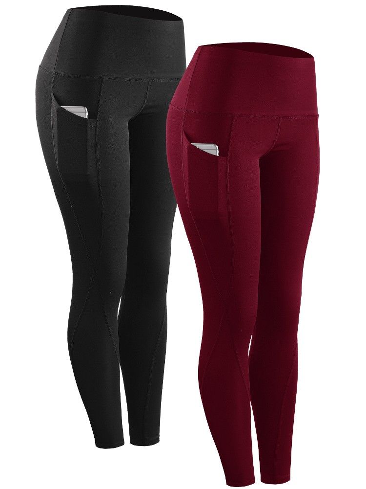 2 Pieces Womens High Waist Running Workout Yoga Leggings with Side Pocket Black+Red XL