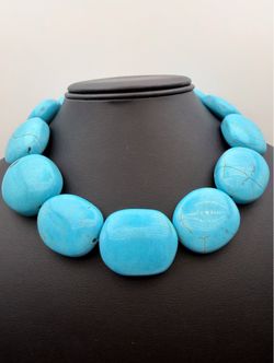 Vintage Faux Blue Turquoise Oval Stone Choker Necklace chain 18” 30mm