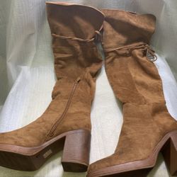 Over-the-Knee Tan Suede Block Heel Boots Size 9, Style “Riley,” Tie Detail