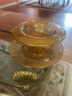 Amber Cross Etched Glass Console Bowl Basket Pattern Lip Footed