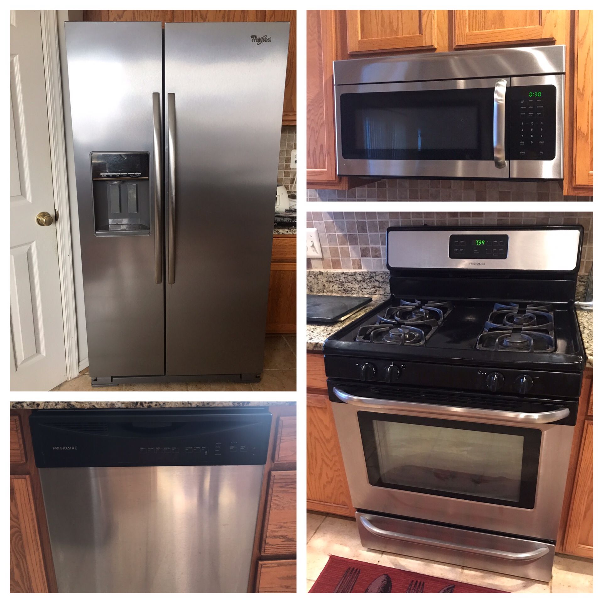 4 pc appliance set- refrigerator, gas stove top, microwave, dishwasher. Frigidaire & Whirlpool brand