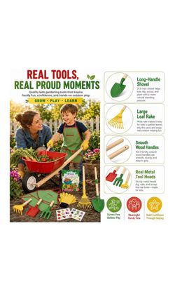 Kids Gardening Wheelbarrow Set, Metal & Wooden Garden Tools for Kids Ages 3-8, Real Wheelbarrows with Apron, Gloves & STEM Guide, Outdoor Backyard Gar