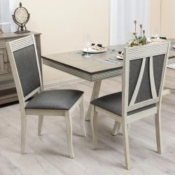 Modern Distressed Off White Rubberwood and Gray Upholstered Dining Chair, Set of 2 ，IF1875