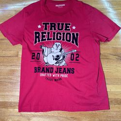 RARE VTG 2002 RED TRUE RELIGION BUDDHA STAR CREW SHIRT SZ L
