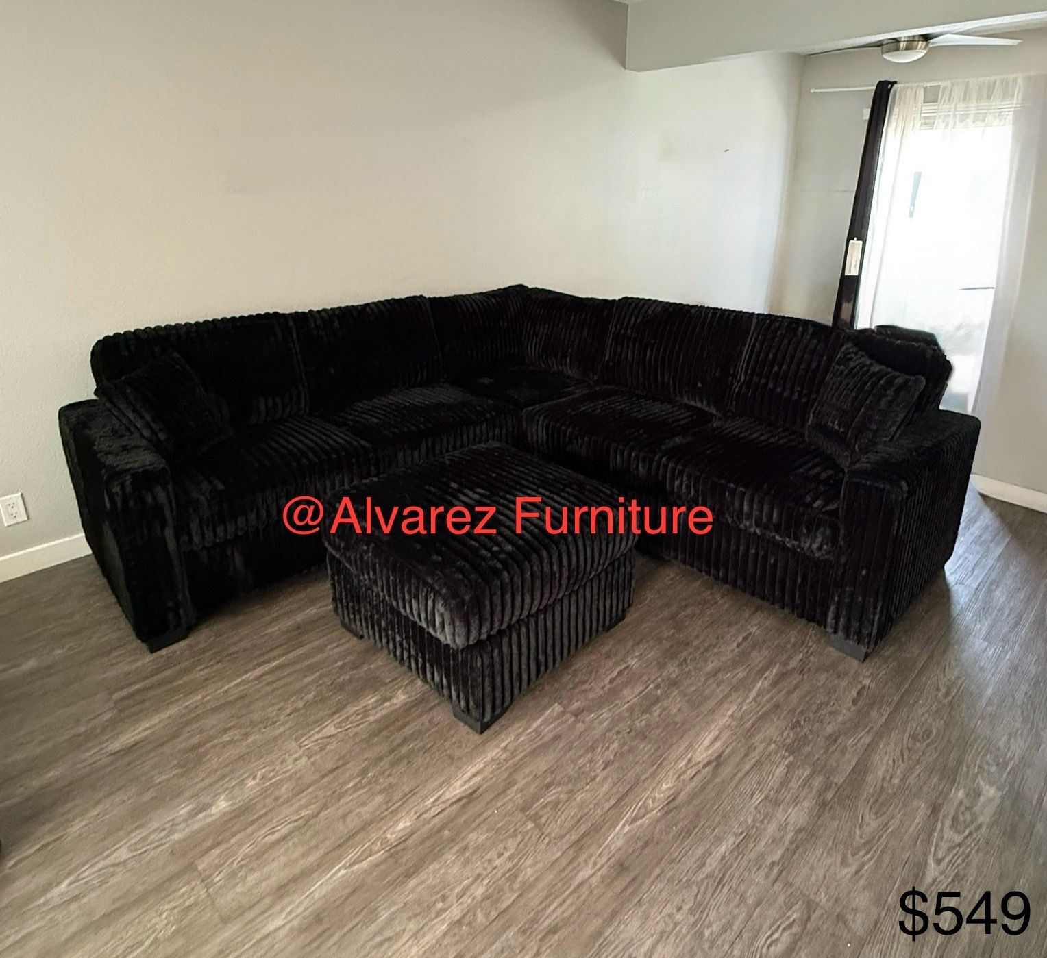 Black Corduroy Sectional Sofa With Ottoman