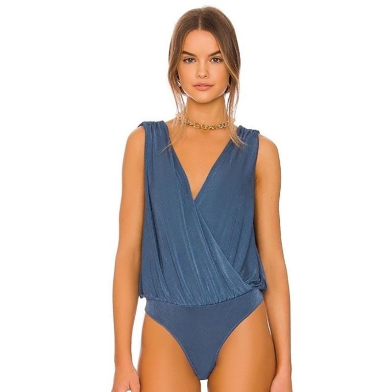 FREE People Blue Metal billowy Wrap Night Owl Bodysuit in Blue Metal
