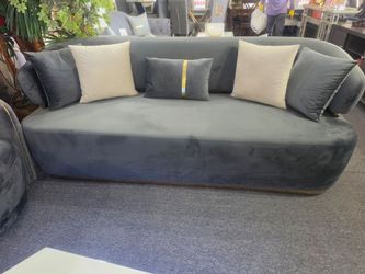 BRAND NEW GRAY VELVET MODERN SOFA WITH GOLD TRIMMING