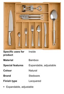 STEDWARE Kitchen Drawer Organizer, Heavy Duty Reinforced Silverware Divider Tray, Expandable Bamboo Utensil Holder for Flatware, Cutlery, Knives - Kit