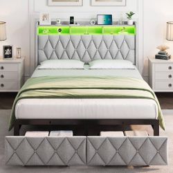 Queen Bed Frame With Storages & Mattress  With Free Bed Cover Sheet And Comforter