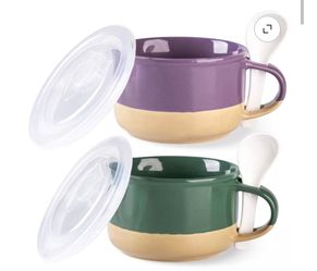 AmorArc Ceramic Soup Mugs with Handles and Lids,24 OZ Soup Cups Set of 2 with Terracotta Underside,Mug Bowls with Spoon