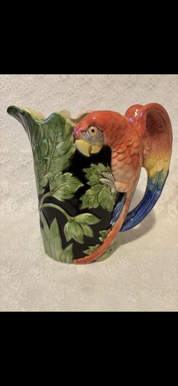 Vintage 1986 FITZ & FLOYD Ceramic Tropical Parrot Pitcher Colorful.
