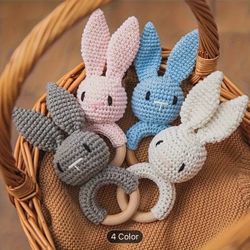 Personalized Engraved Handcrafted Crochet Rabbit Rattle Toy for Youngsters - Soft Cotton, Available in Deep Gray/White/Pink/Blue