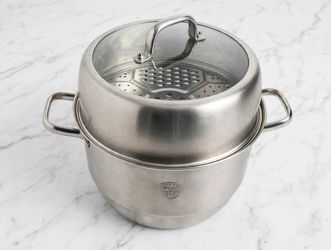Large 12 Inch Stainless Steel Steamer Pot Set - 14" Tall - Grater & Slicer Insert + Glass Lid