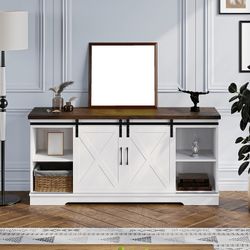 Farmhouse TV Stand for 65 Inch TV, Entertainment Center TV Media Console Table, Tall TV Stand with Storage, Barn Doors and Shelves $160