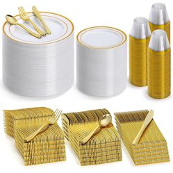 600 Pieces Gold Plastic Dinnerware for 100 Guests,