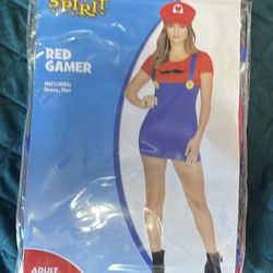Women Red Gamer Super Mario Costume Fancy Dress Up Halloween Size12-14