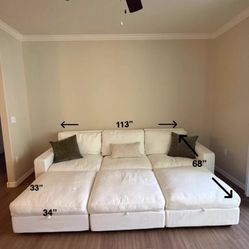 White Cloud couch with 3 ottoman storage