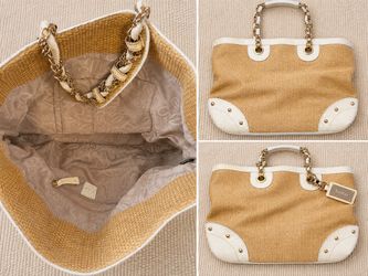 Bebe Straw and White Leather Tote Bag