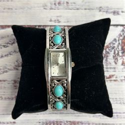Women’s Chrome Toned Blue Stoned Wrist Watch Bangle Cuff FY1225 Untested