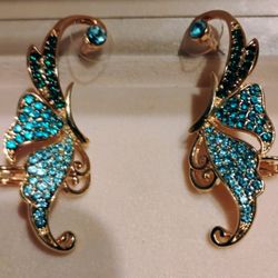 Multi Color Crystal Gold Tone Butterfly Ear Climbers 2"