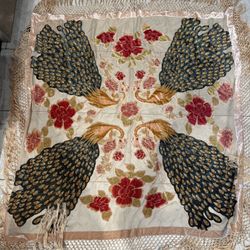Vintage Velvet Fringed Peacock Floral Embroidered Square 44x44in Shawl
