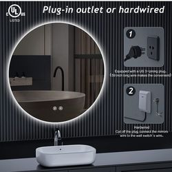 LED Round Bathroom Mirror, 36 Inch Backlit Wall Mounted Bathroom Mirror with Lights, Frameless Vanity Mirror with 3 Color Lights, CRI 95+, Anti-Fog, S