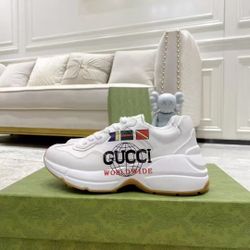 GUCCl Rhyton Gucci Worldwide Leather Trendy Round Toe Anti-slip Wear-resistant Low-top Dad Shoes Men's White Brown New in Box