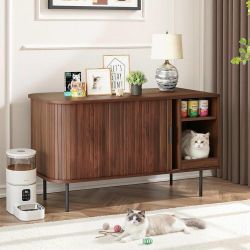 Cat Litter Box Enclosure with Cat Scratch Pad, Sliding Door, 37.4" Litter Box Enclosure Furniture Hidden Litter Box, Modern Indoor Cat House, TV Stand