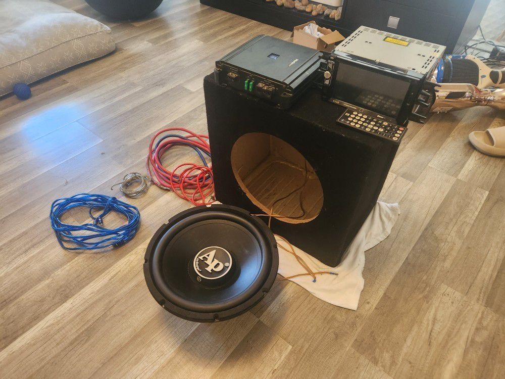 Car Subwoofer, Amplifier, And Stereo With Wiriing.
