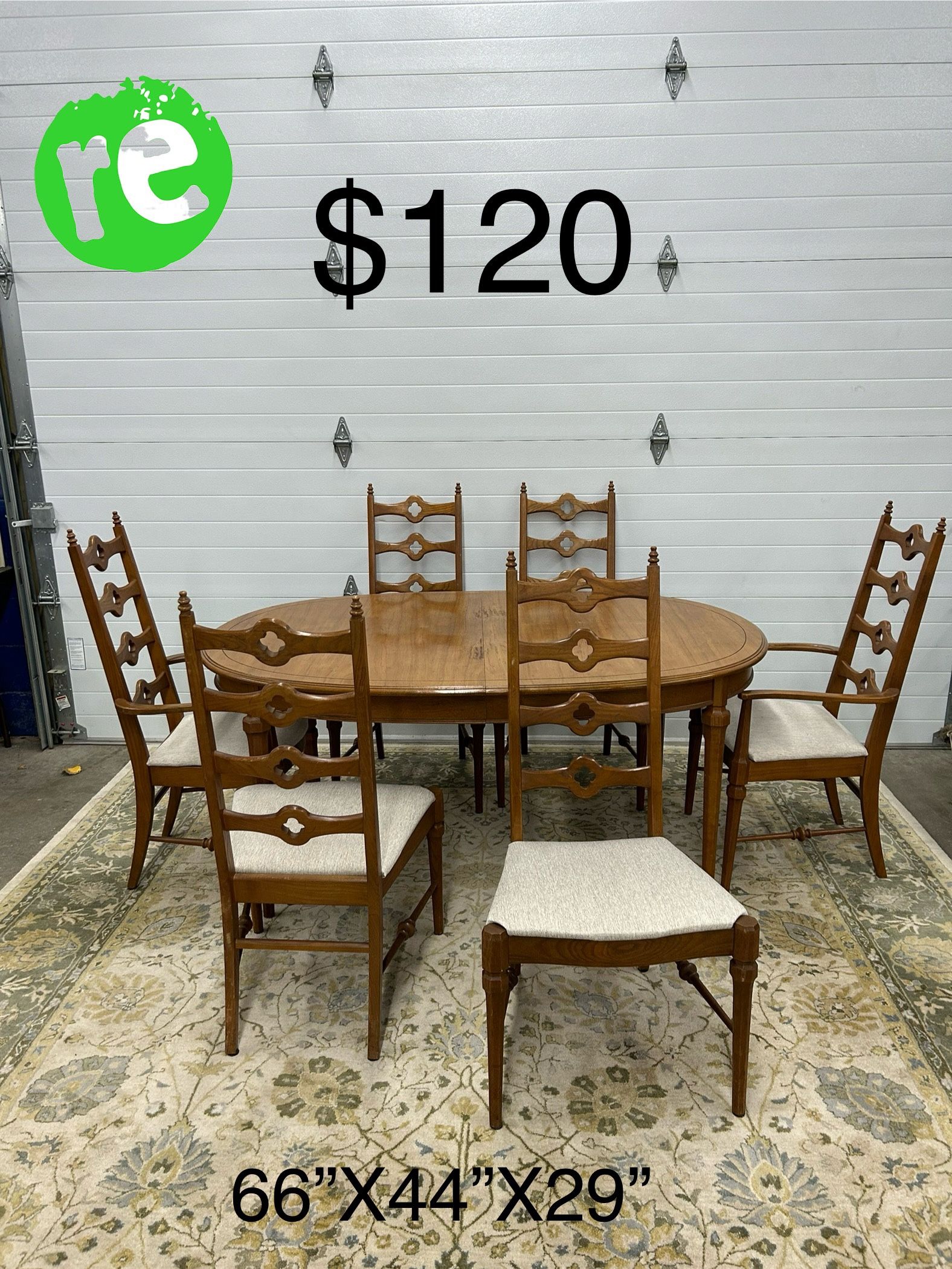 Vintage Oak Dinning Set with Table 6 Chairs and Extra Leaf