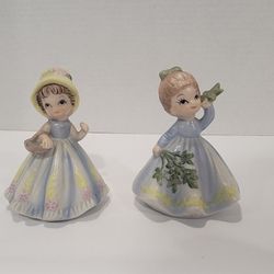 Set Of 2 Vintage Ceramic Girls Holding Basket & Leaves Figurines 3.5"