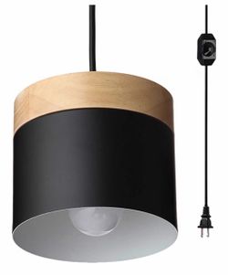Black & Wood Hanging Pendant Light – Plug-In