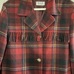 Elements Exclusively Spiegel Red Plaid Pea Coat With Chest Fringe Acrylic Wool
