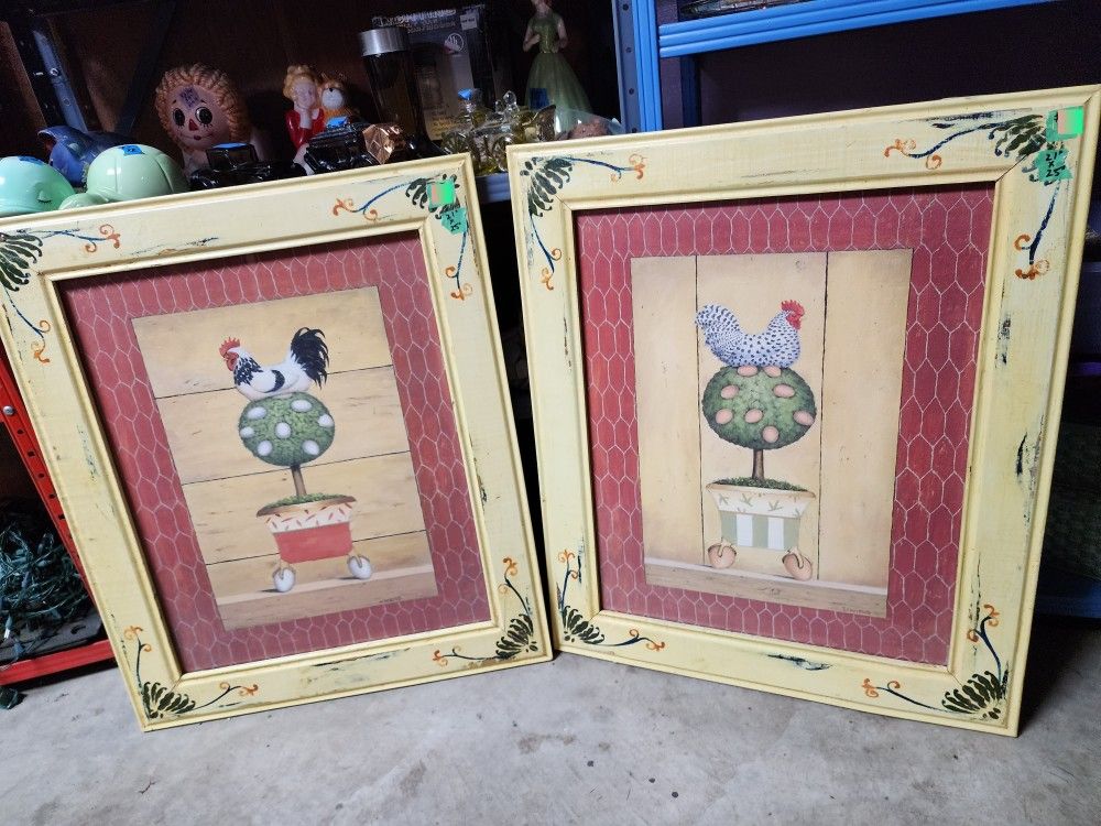 Pair of Hand Painted Rooster Topiarys $15ea. even the frames are hand painted. 
