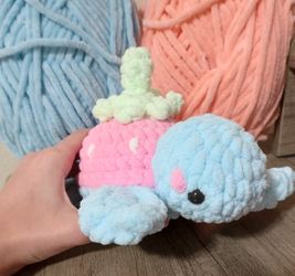 Handmade Crochet Plushie Strawberry Turtle - 9in Long And 7in Tall - Baby Shower Gift