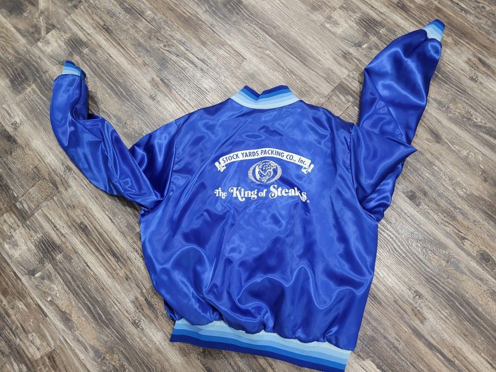 Vintage Satin Bomber Swingster Stock Yards packing King of steaks XL