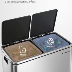 Trash Can, 2 x 8 Gallon (2 x 30 L) Garbage Can for Kitchen, with 15 Trash Bags, 2 Compartments, Plastic Inner Buckets and Hinged Lids, Airtight, Silve