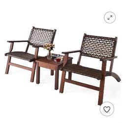 3PCS Patio Rattan Furniture Set Solid Eucalyptus Wood Frame Bistro Set with Coffee Table Patio Conversation Set (Brown)