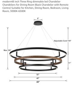NiuFeiL Modern48 Inch Three Ring Dimmable Led Chandelier Chandeliers For Dining Room Black Chandelier With Remote Control Suitable For Kitchen, Dining