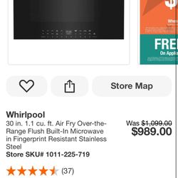 Whirlpool 30 in. 1.1 cu. ft. Air Fry Over-the-Range Flush Built-In Microwave in Fingerprint Resistant Stainless Steel