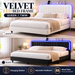 Luxury Velvet LED Bed Frame – Twin / Queen Size, Charging Station, Adjustable Headboard, Wood Slats