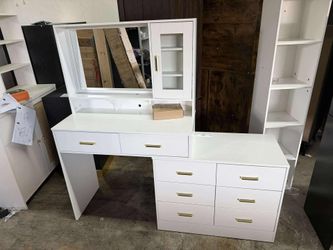 White Makeup Vanity Set with Mirror Cabinet & 8 Drawers, Large Vanitys with Charging Station & Lights in 3 Colors