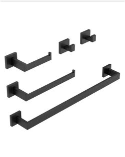 5-Piece Bath Hardware Set with Towel Bar Hand Towel Holder Toilet Paper Holder Towel Hook Modern Square in Matte Black