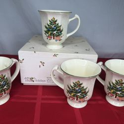 LOT OF 4 MIKASA HAPPY HOLIDAYS CHRISTMAS TREE COFFEE/TEA CUPS IN ORIGINAL BOX 