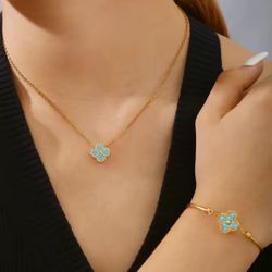 Stainless Steel Blue Diamond Four-Leaf Clover Flower Necklace & Bracelet For Women