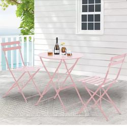 HOMMOW 3-Piece Steel Outdoor Dining Chair Set, Outdoor Bistro Set, Folding Patio Furniture Sets, Pink