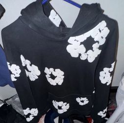 DENIM TEARS Men's XL Black Pullover Hoodie White Graphic Print Long Sleeve